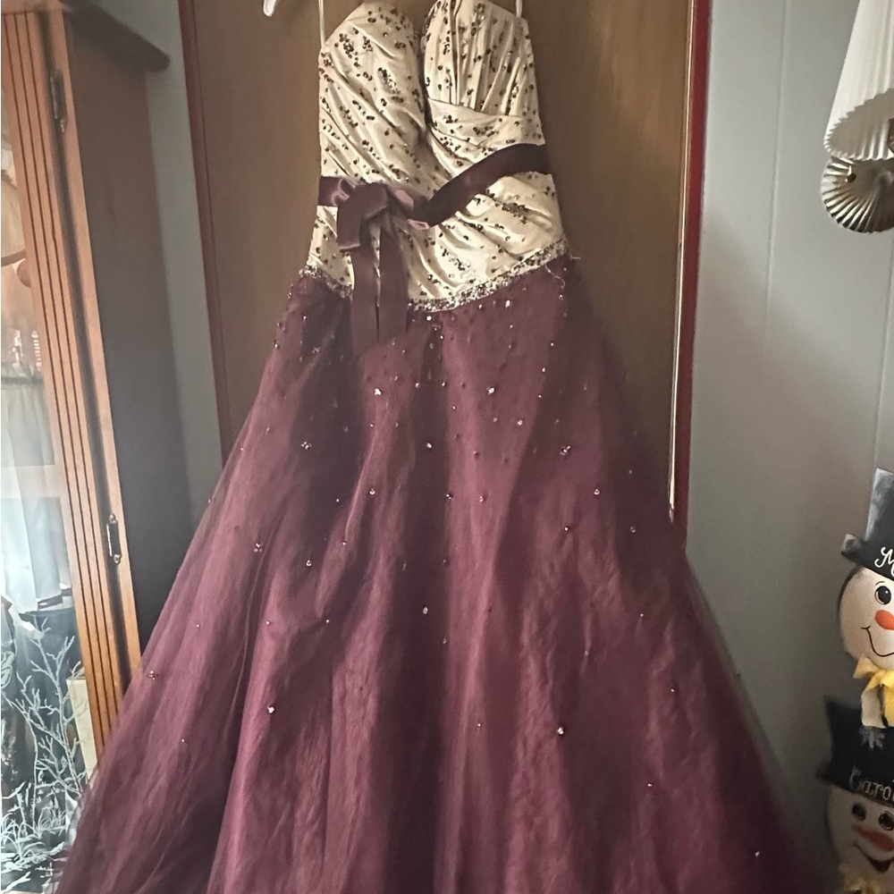 Precious Formals Burgundy and Cream Prom Dress